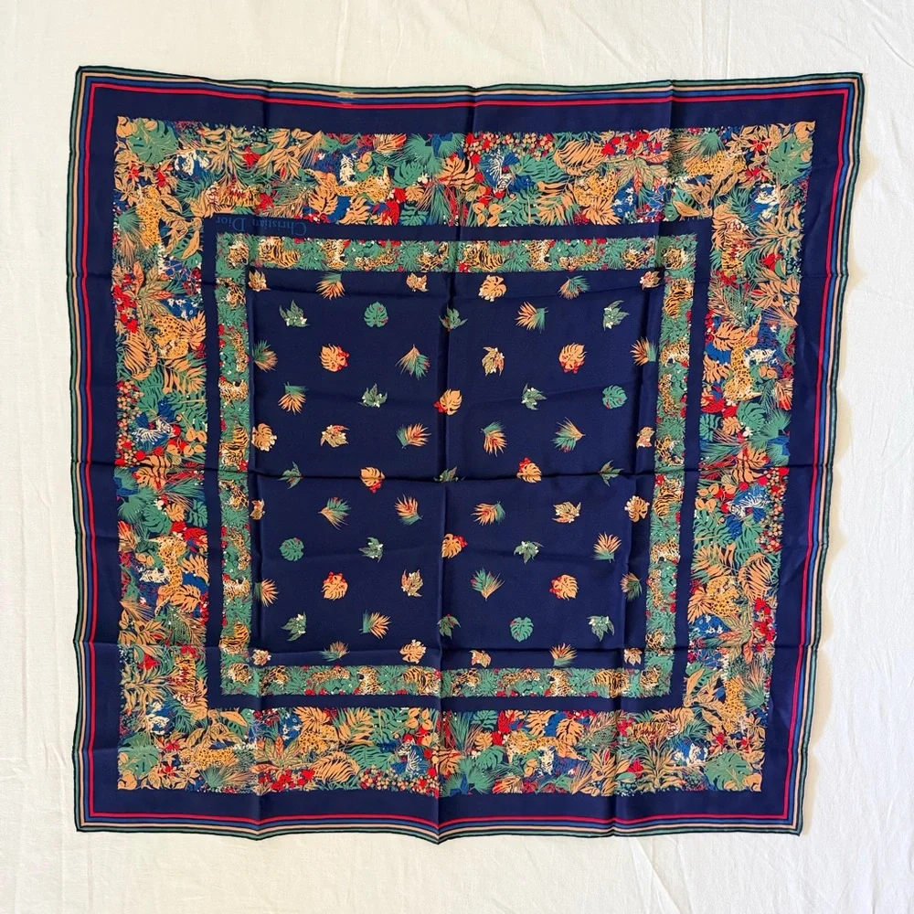 Vtg Christian Dior Hand Rolled Silk Scarf Jungle Animal Navy France Made 29.5”